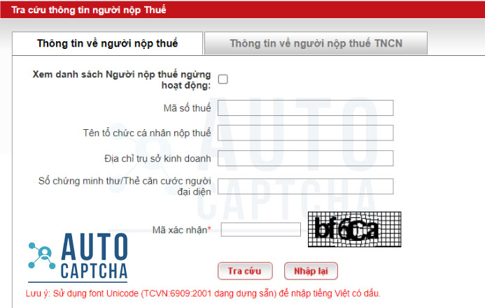 Giải Captcha Tra cứu thông tin người nộp Thuế